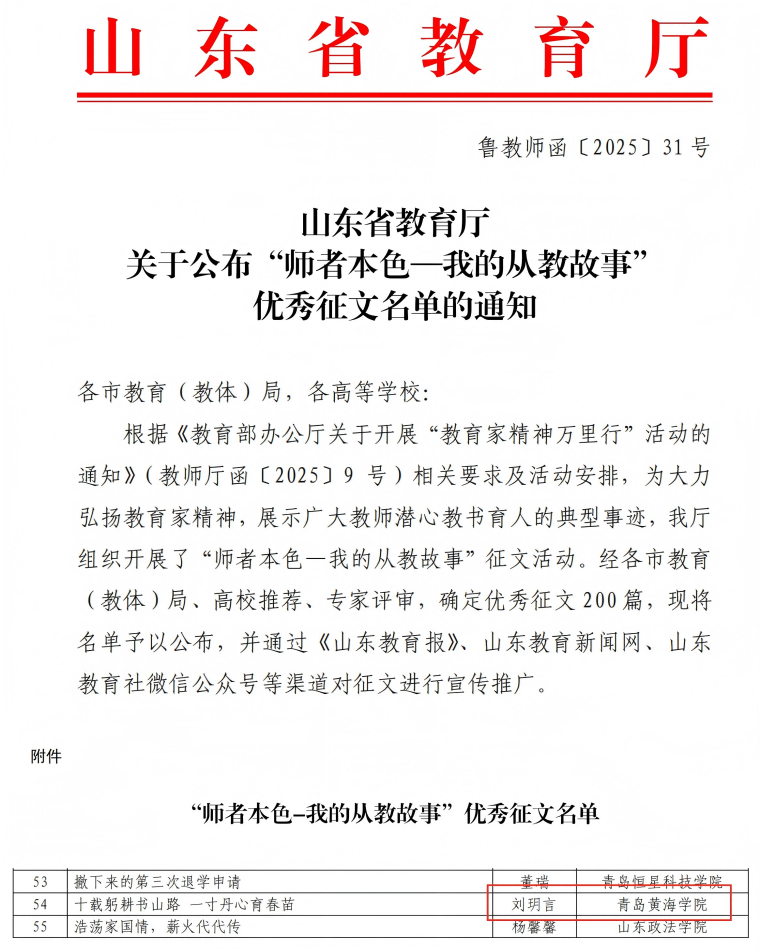 我校刘玥言老师荣获山东省“师者本色—我的从教故事”征文奖